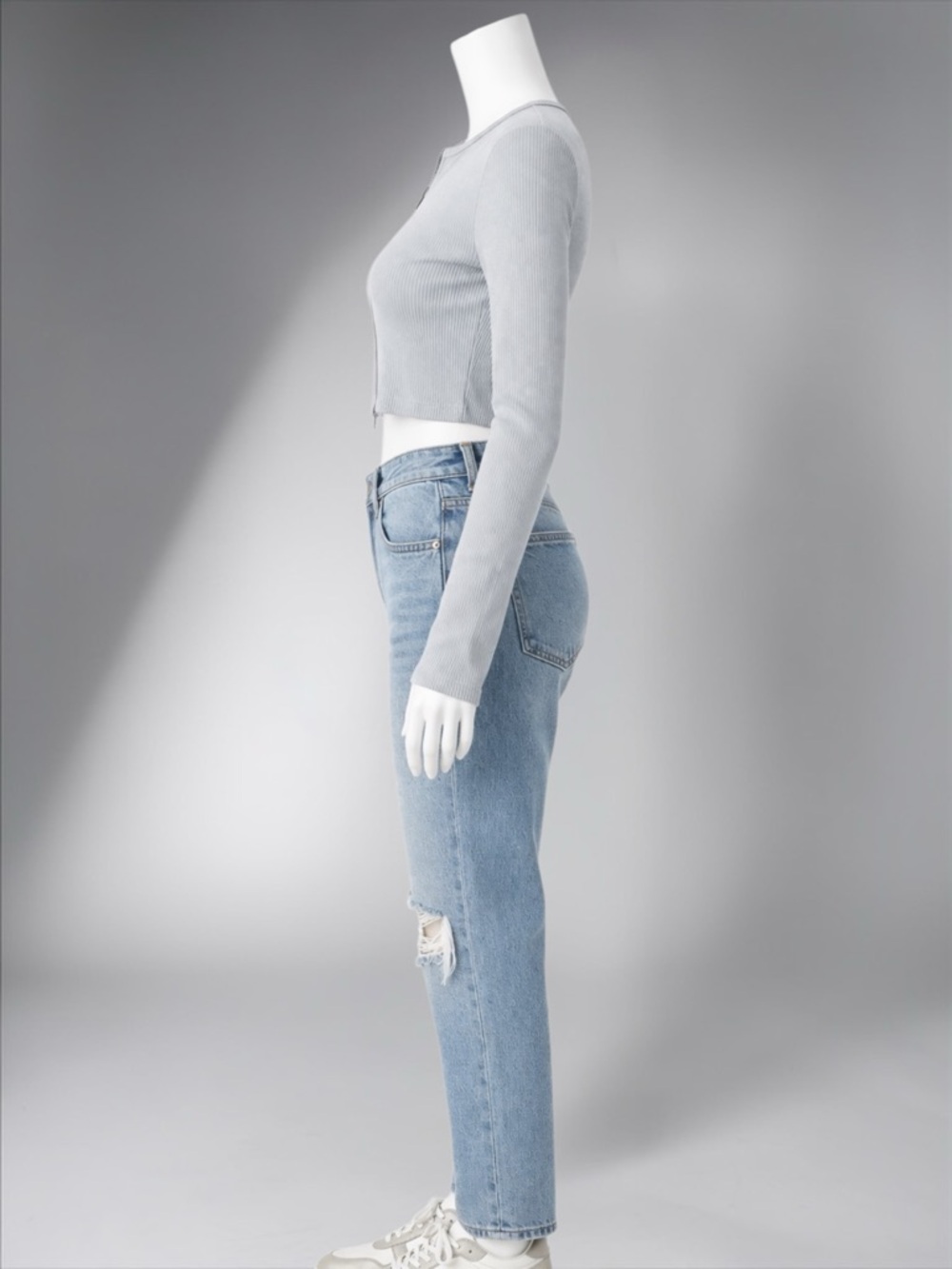 Cropped Ribbed Zip-front Top in Light Gray - Picture 7 of 14